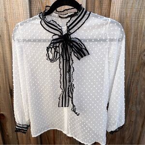 Zara Basics Cream White Button Top w Swiss Dot Pattern & Black Ribbon Bow size M